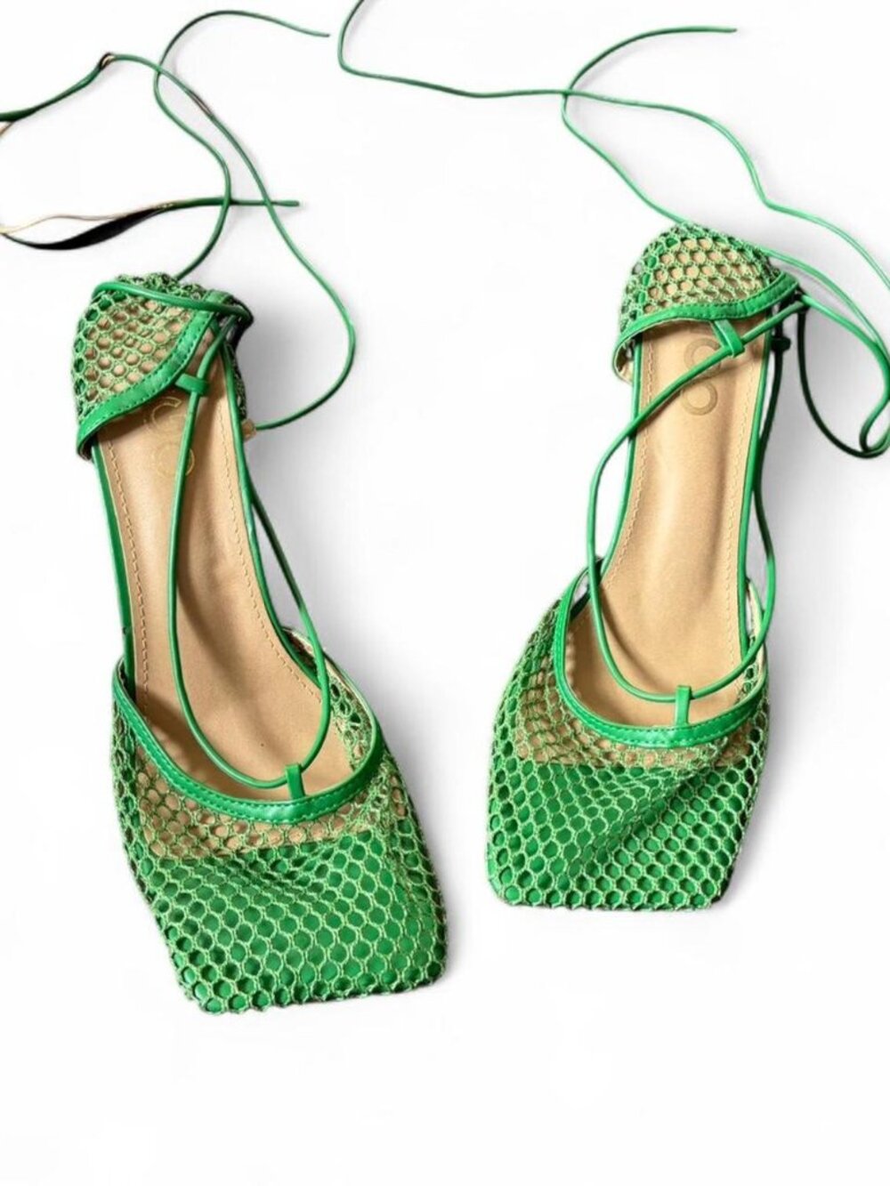 Green snake print mesh heels with lace-up detail   Size 9  Halloween poison ivy